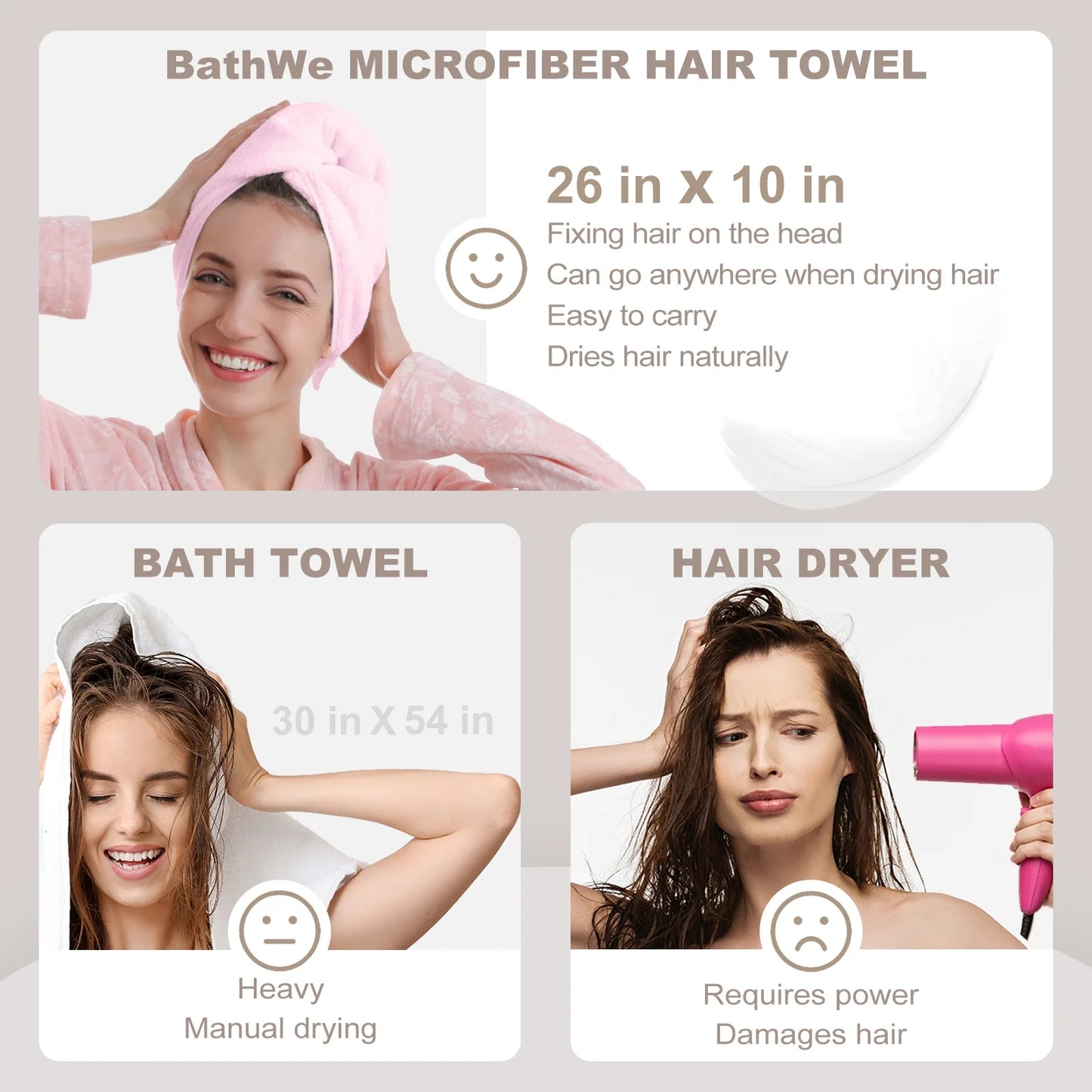 BathWe Ultra Plush Microfiber Hair Towel Wrap for Women, 3 Pack Ultra Absorbent Twist Hair Turban Drying Cap Hair Wrap, for Drying Curly, Long & Thick Hair Pink and Light Blue