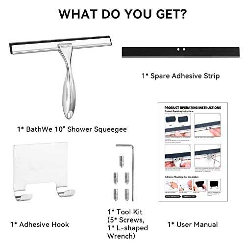 Shower Squeegee - Bathwe 10 Inch All-Purpose Stainless Steel Shower, Squeegee for Shower Glass Door, Bathroom, Window, Replacement Rubber Blade with Hook Holder