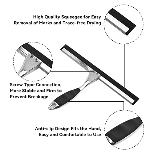 Shower Squeegee - Bathwe 10 Inch All-Purpose Stainless Steel Shower, Squeegee for Shower Glass Door, Bathroom, Window, Replacement Rubber Blade with Hook Holder