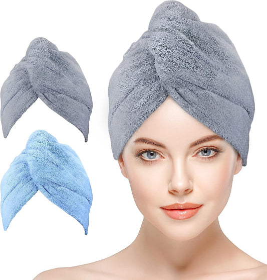 Bathwe Hair Towel Wrap for Women 2 Pack, Ultra Absorbent Twist Hair Turban Drying Cap Hair Wrap, Blue&Gray