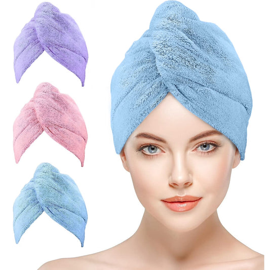 BathWe Ultra Plush Microfiber Hair Towel Wrap for Women, 3 Pack Ultra Absorbent Twist Hair Turban Drying Cap Hair Wrap, for Drying Curly, Long & Thick Hair Pink and Light Blue